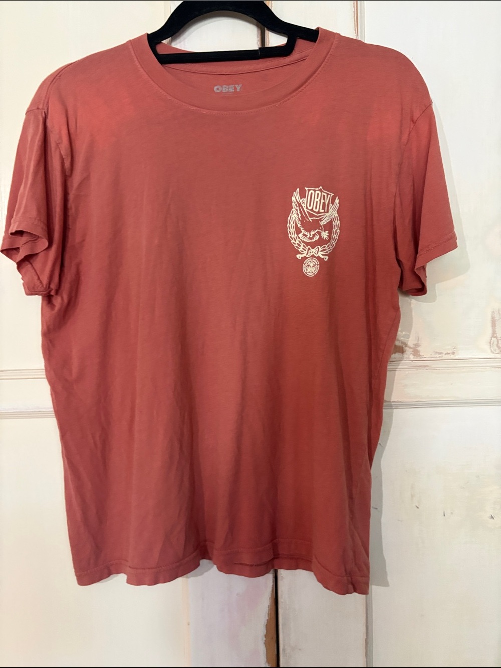 Obey Short Sleeve Tee in Dusty Rose with White Chest Crest